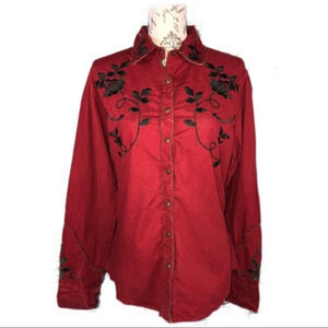 Red Embroidered Button Up Shirt, Large‎